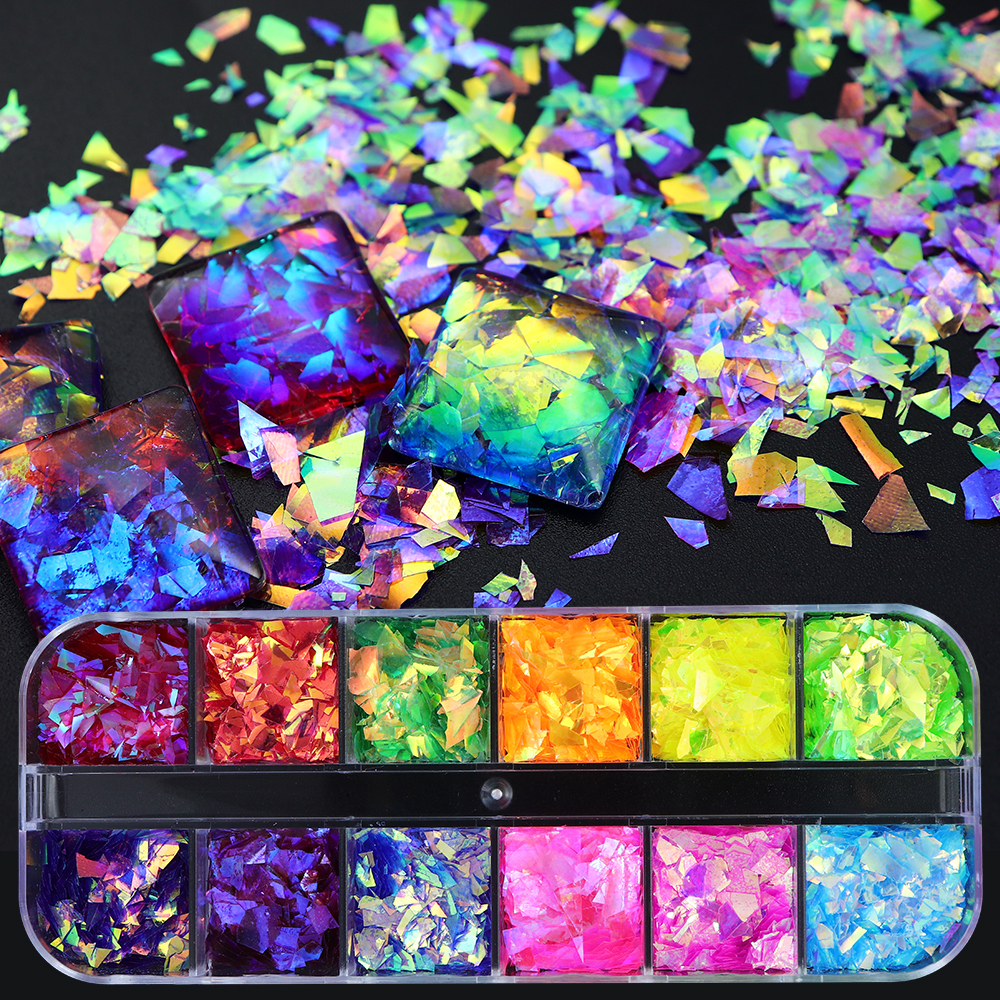 12 Grids/Box Iridescent Glitte - Gold Foil Flakes บทวิจารณ์และราคา