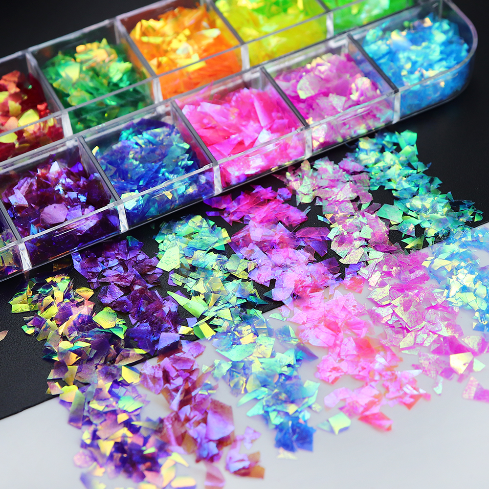 12 Grids/Box Iridescent Glitte - Gold Foil Flakes บทวิจารณ์และราคา